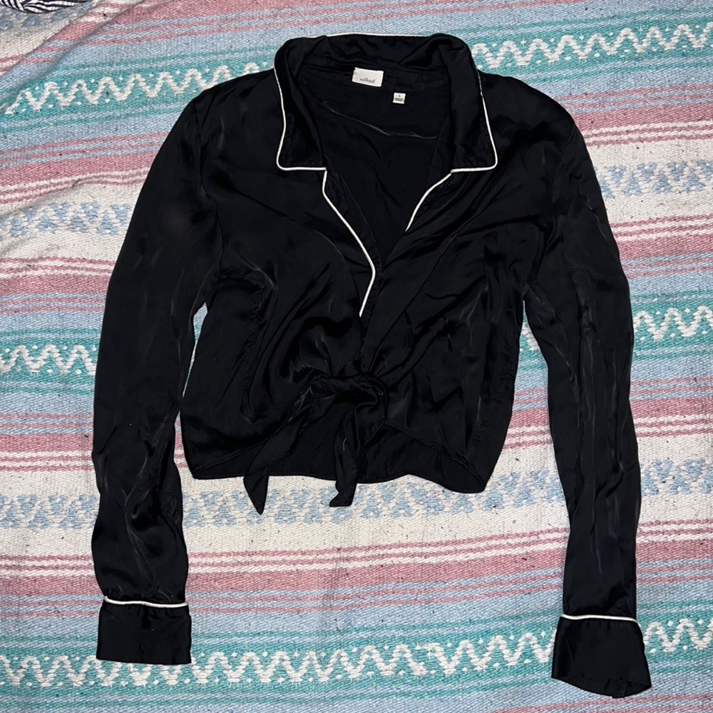 Aritzia Wilfred black satin long-sleeved blouse with white trim
